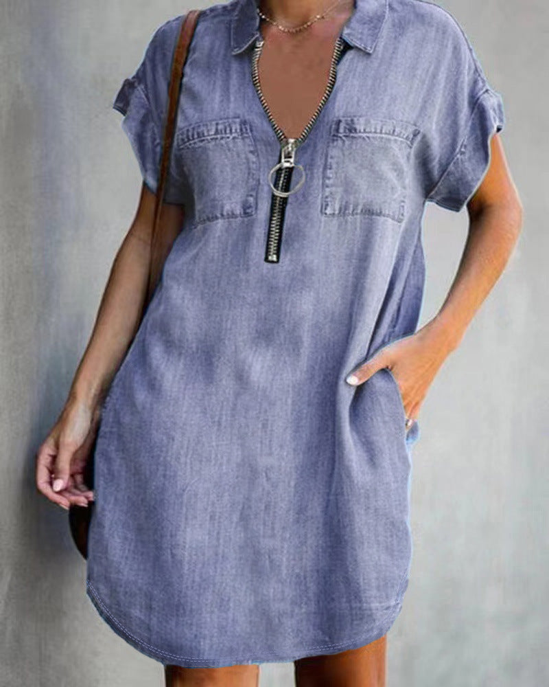 Lapel Short Sleeve Loose Denim Shirt Dress - Casual Street Fashion
