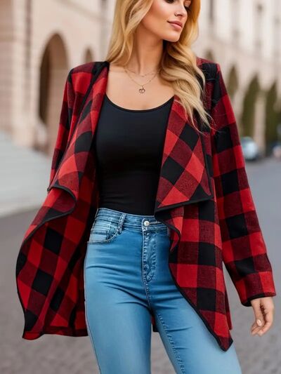 Elegant Plaid Open-Front Long Sleeve Jacket Lightweight