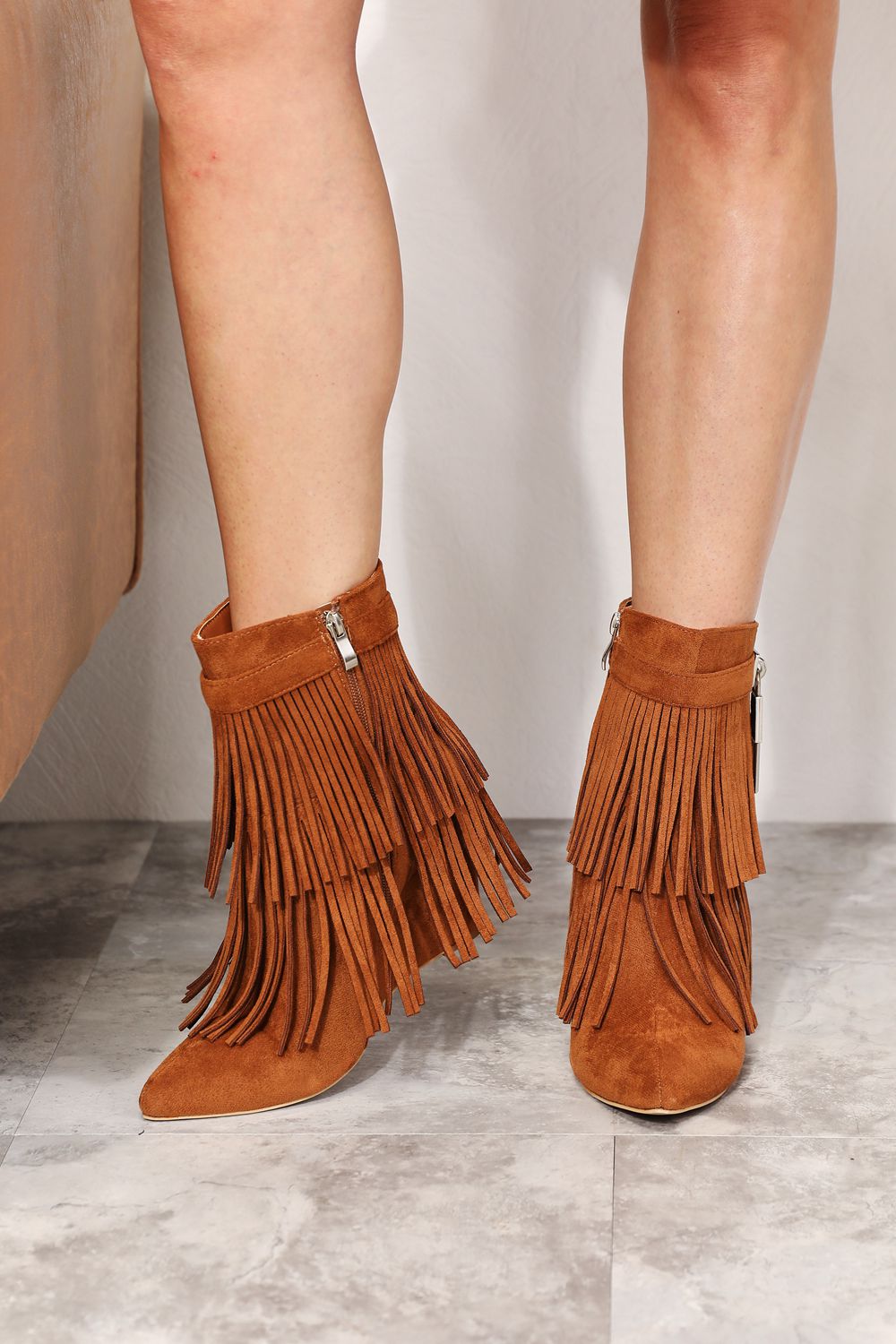 Women's Brown Tassel Wedge Ankle Booties Pointy Toe Vegan Suede