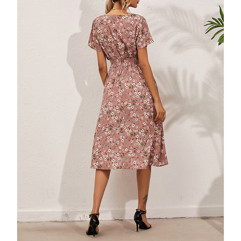 Boho Floral Print V-Neck Mini Dress with Smocked Waist