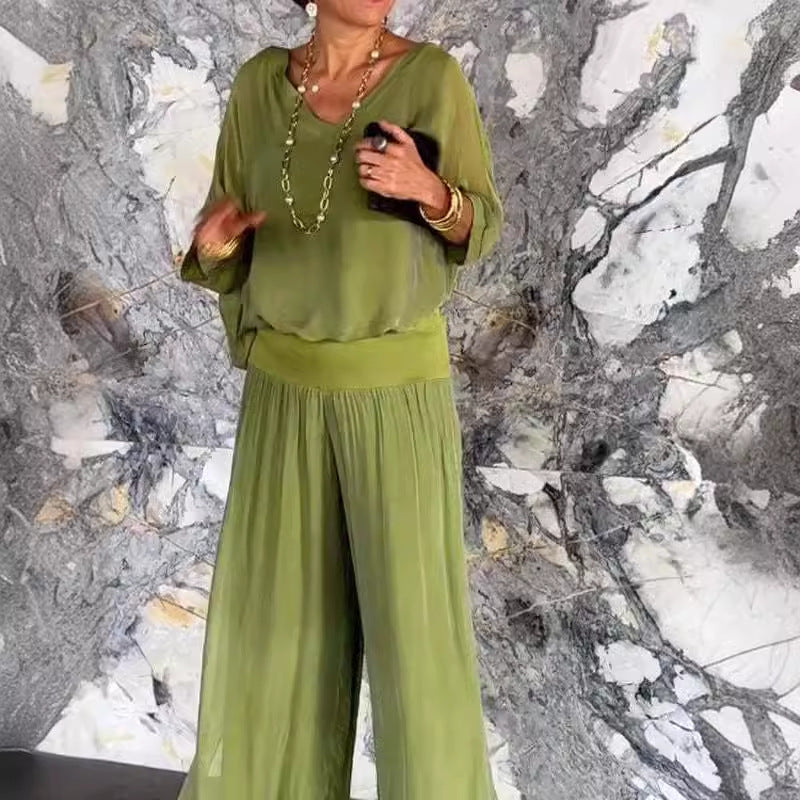 Solid Color Chiffon Two-Piece Set with V-Neck Top and Trousers - Image 3
