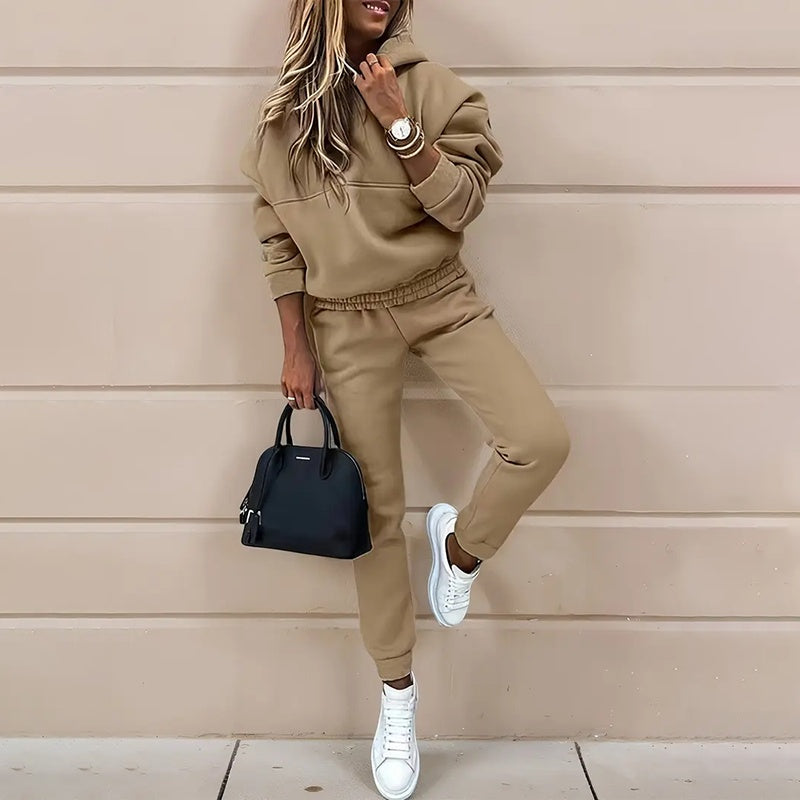 Women's Solid Color Hooded Sweatshirt and Slim Jogger Set - Image 10