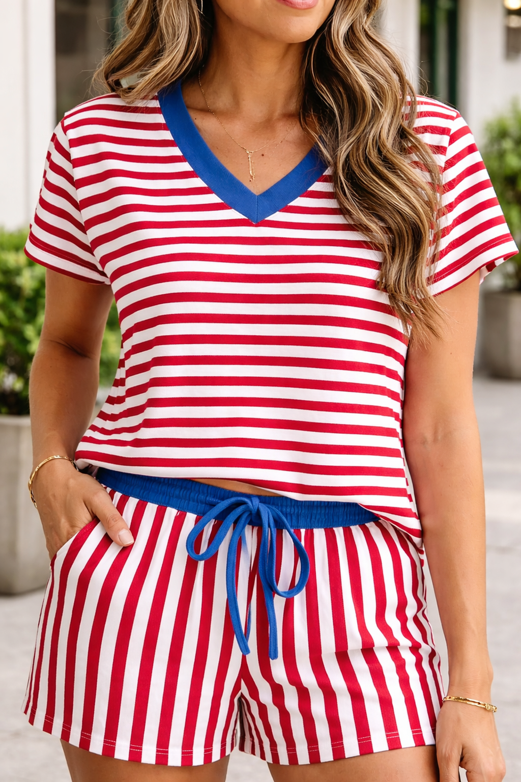 Skye Stripe Trim Tee Set: Patriotic V-Neck Loungewear in Cotton