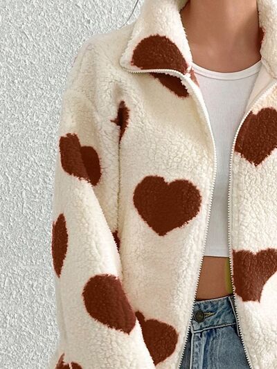 Women's Heart Zip Up Faux Fur Jacket Y2K Streetwear Fluffy Coat