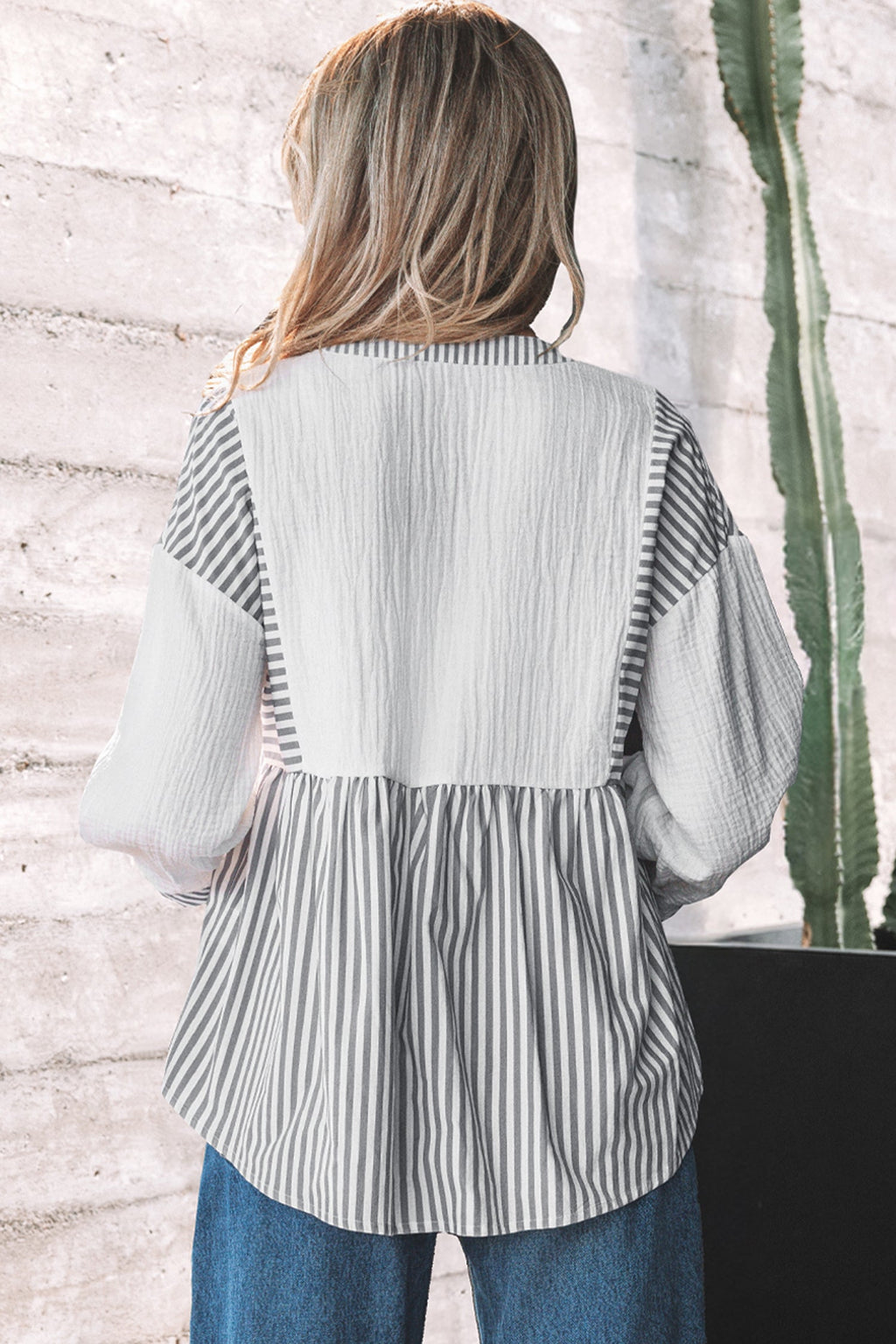 Stripe Gauze Patchwork Half Buttoned Babydoll Blouse