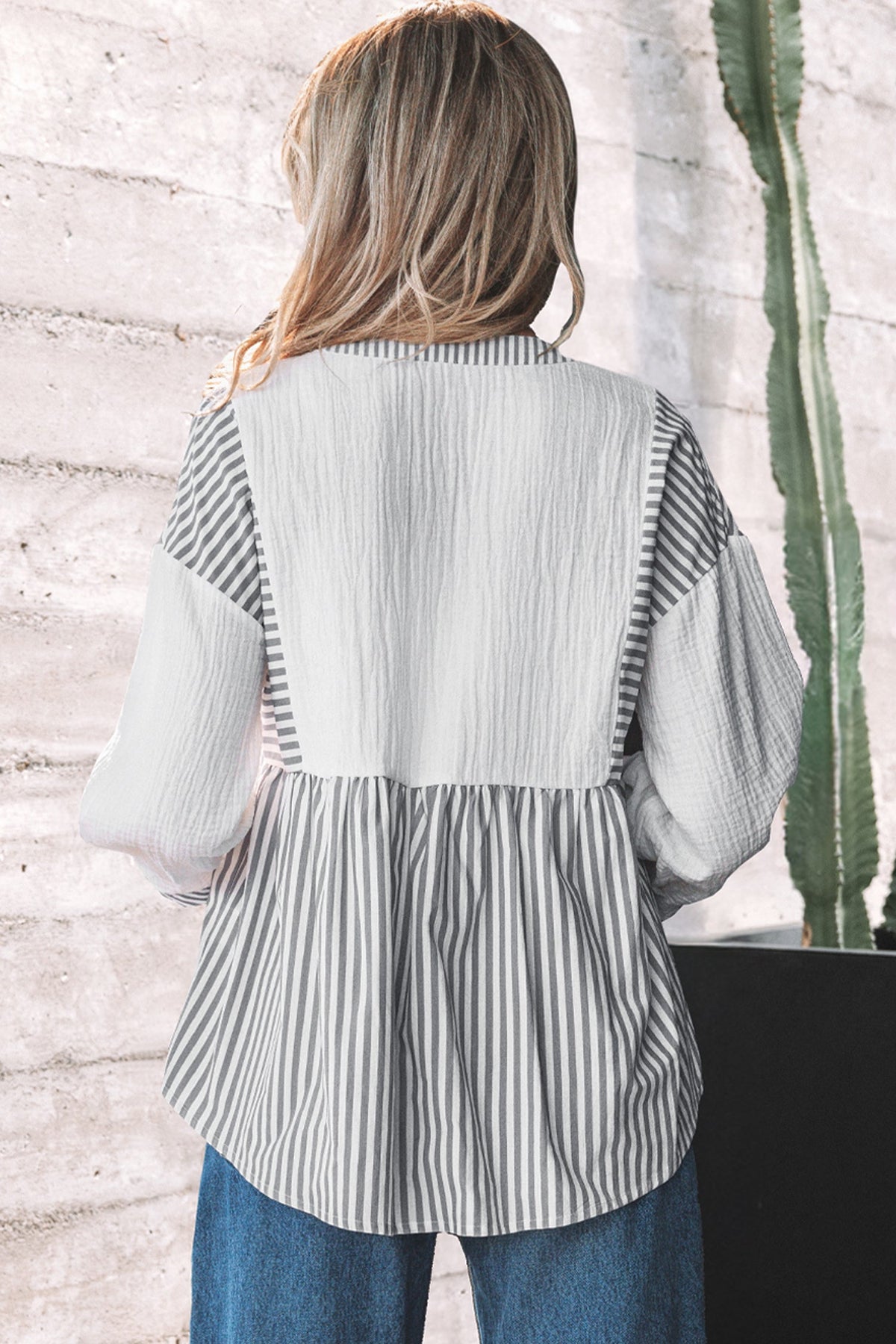 Stripe Gauze Patchwork Half Buttoned Babydoll Blouse