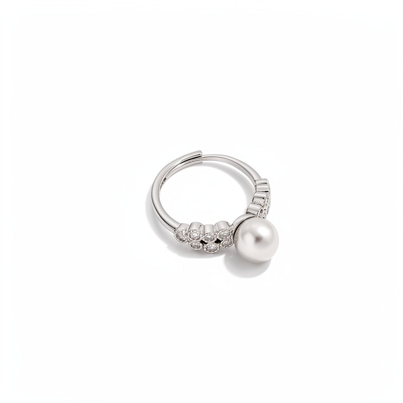 Women Open Adjustable Ring,French Retro Shiny Cubic Zirconia Pearl Inlaid Finger Ring,Niche Delicate Versatile Fashion Index Finger Jewelry