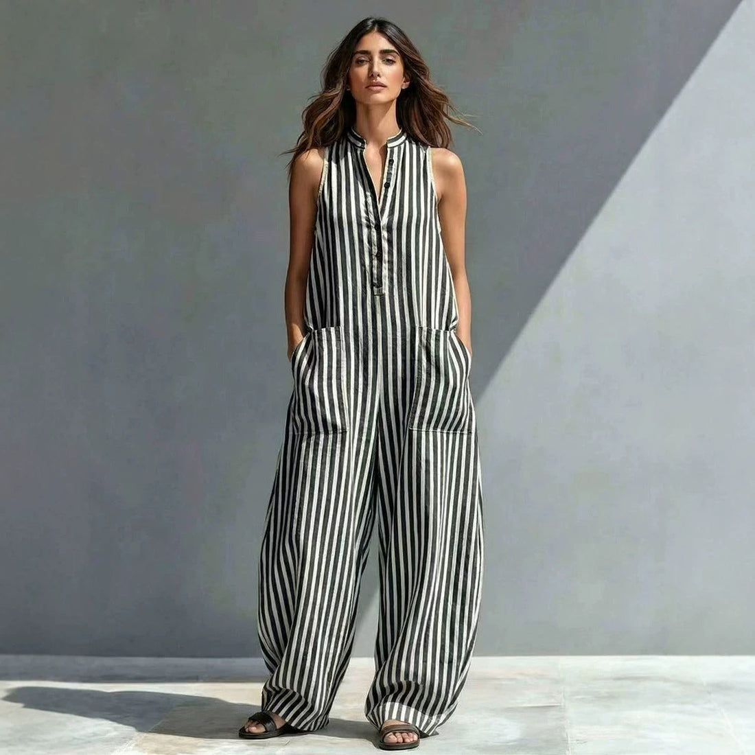 V-Neck Sleeveless Striped Loose Cropped Jumpsuit | 3 Colors S–3XL