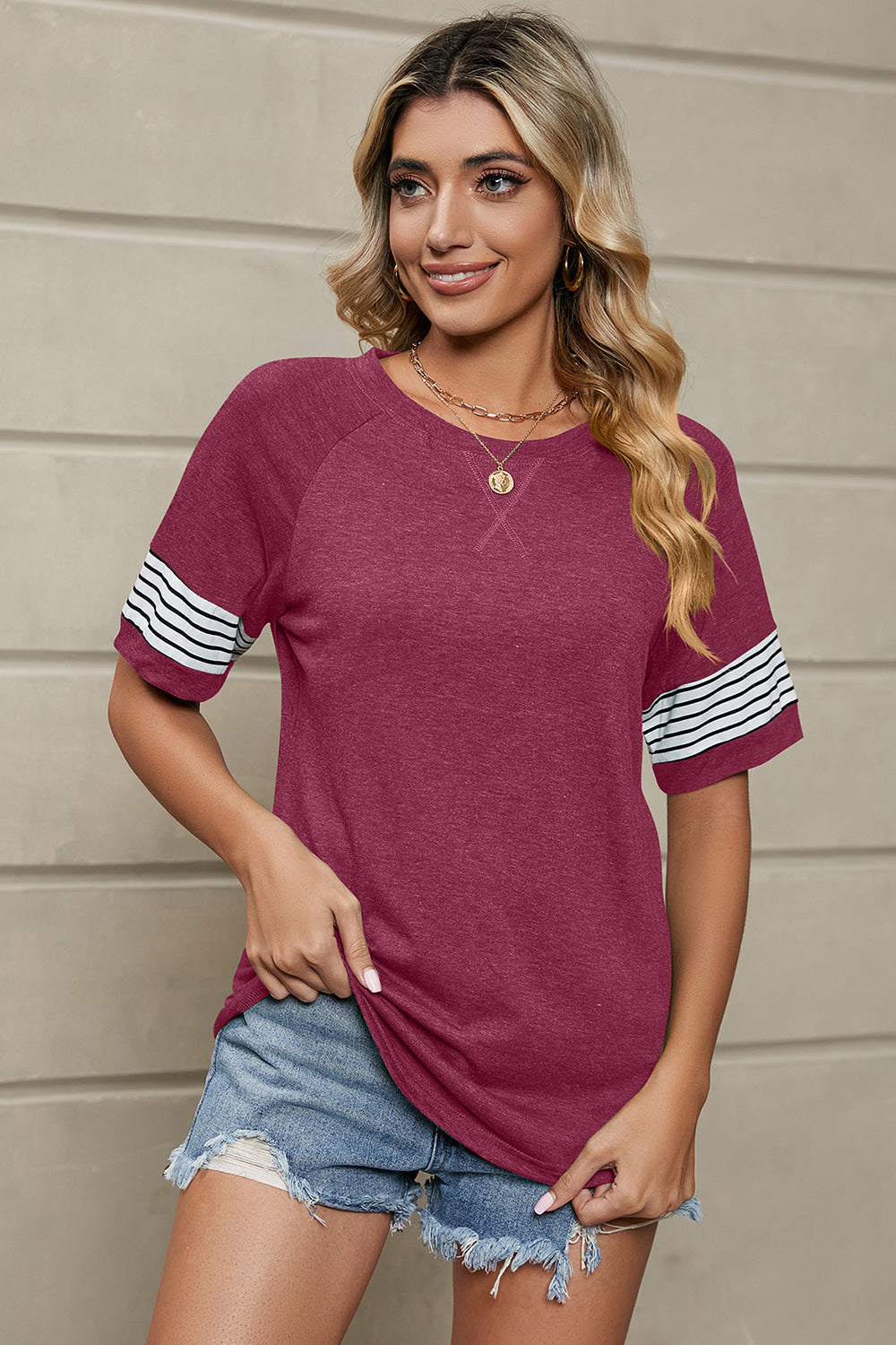 Casual Striped Sleeve Round Neck T-Shirt in Navy - Image 13