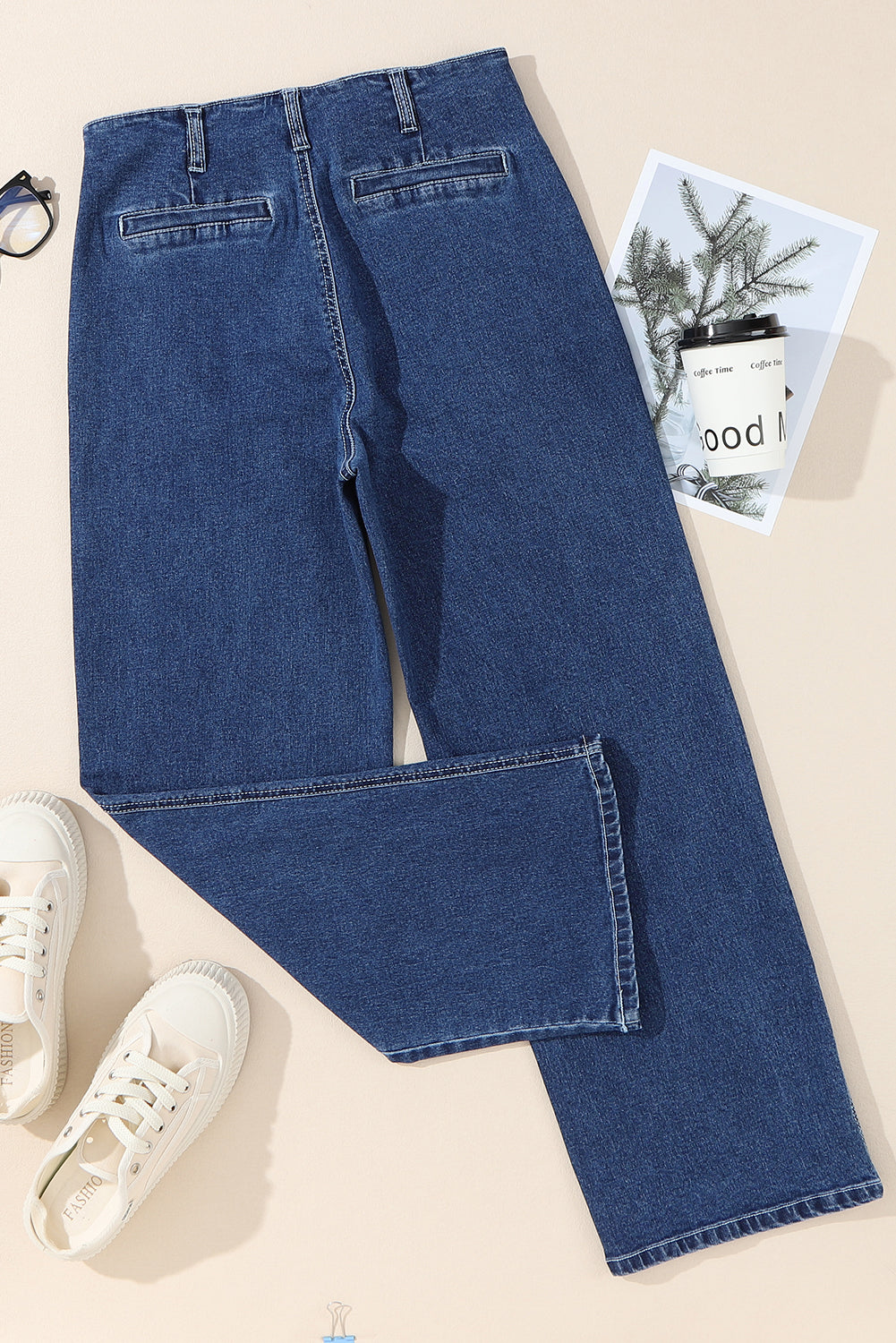 Buttoned High Waist Wide Leg Cropped Jeans in Dark Blue