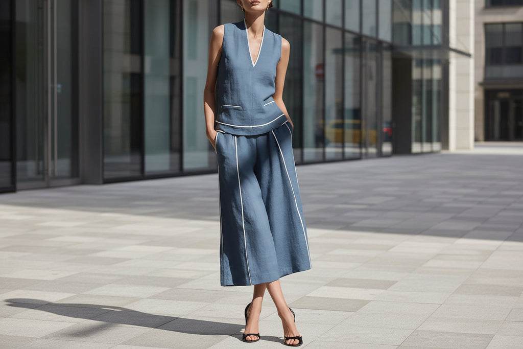 Women's Sleeveless Linen V-Neck Top and Cropped Pants Set