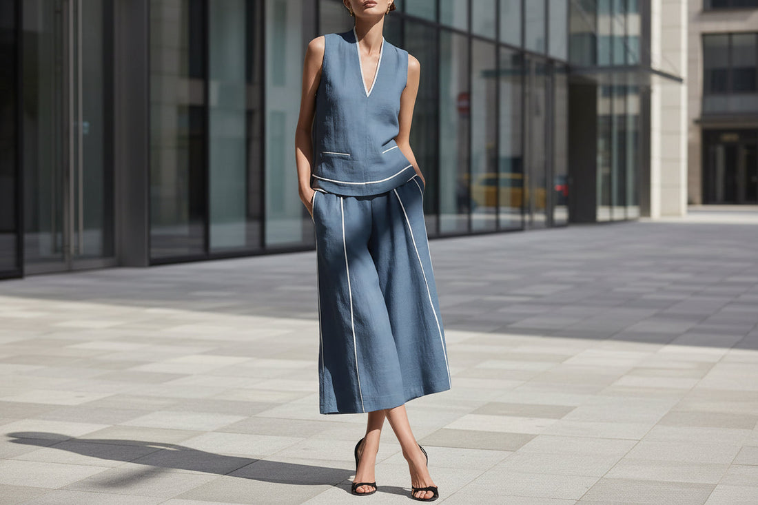 Women's Sleeveless Linen V-Neck Top and Cropped Pants Set
