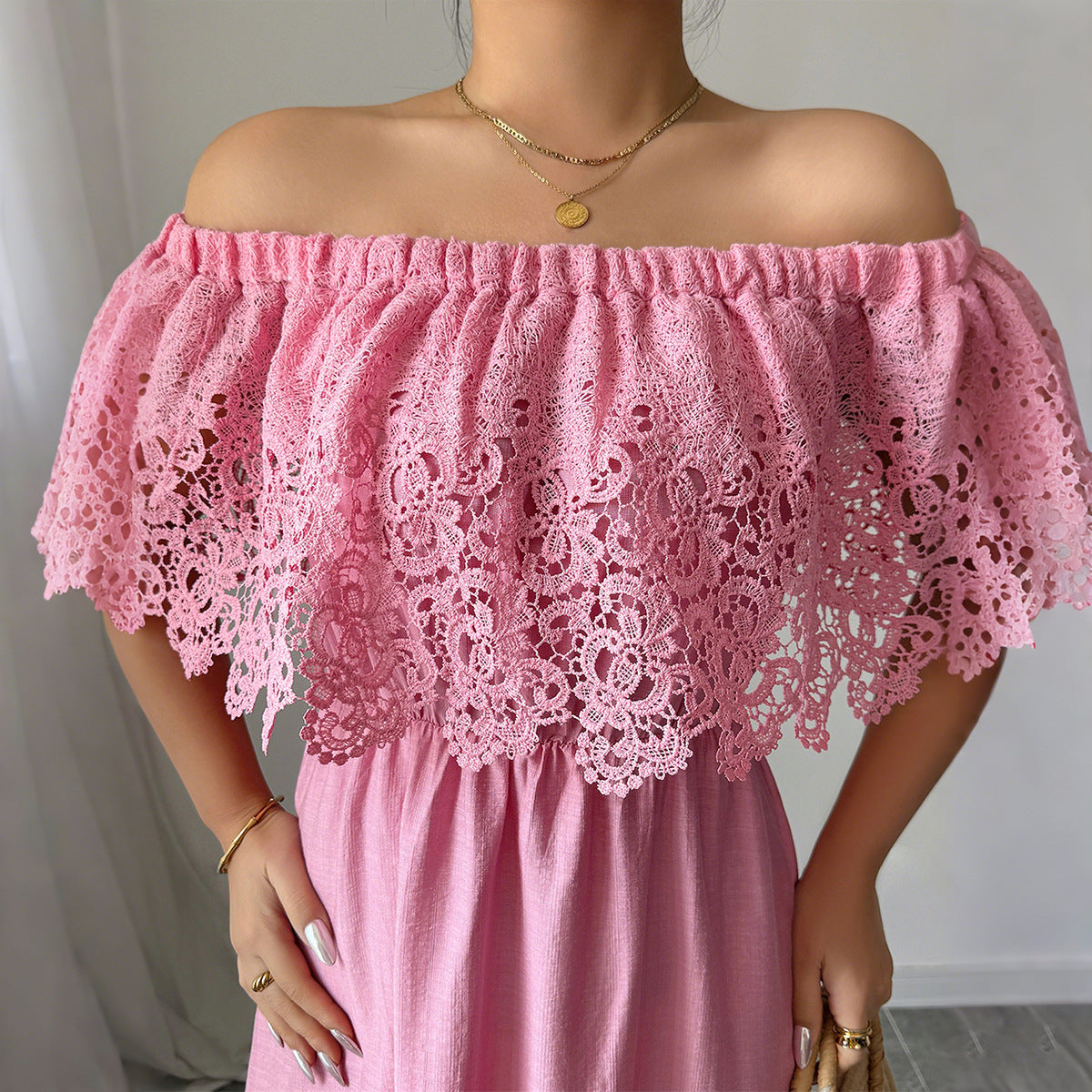 Elegant Off-Shoulder A-Line Dress in Solid Woven Fabric