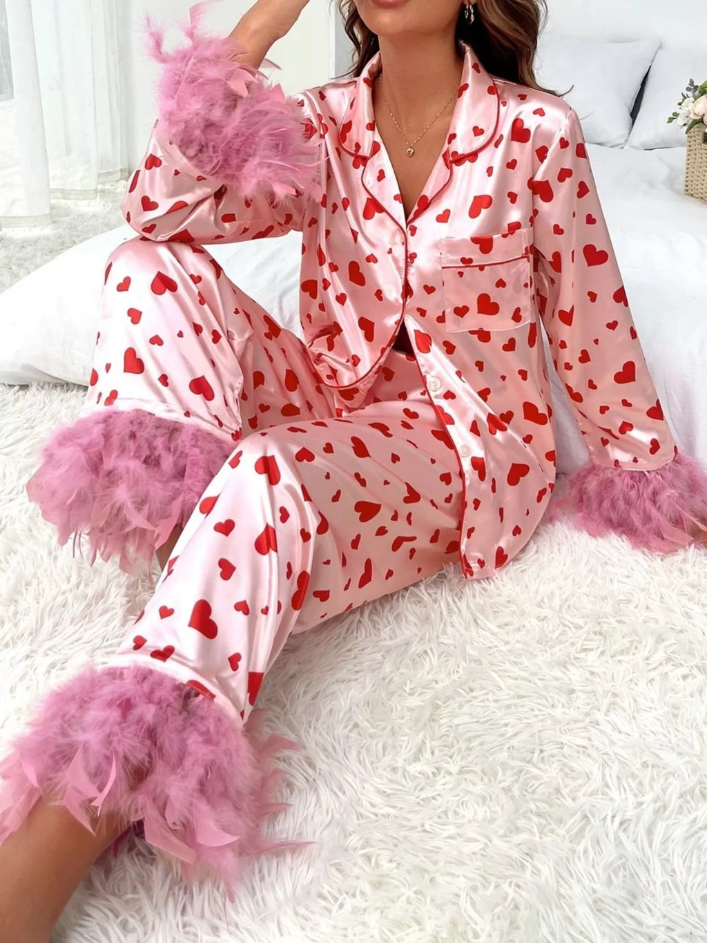 Heart Print Button Up Top and Pants Lounge Set