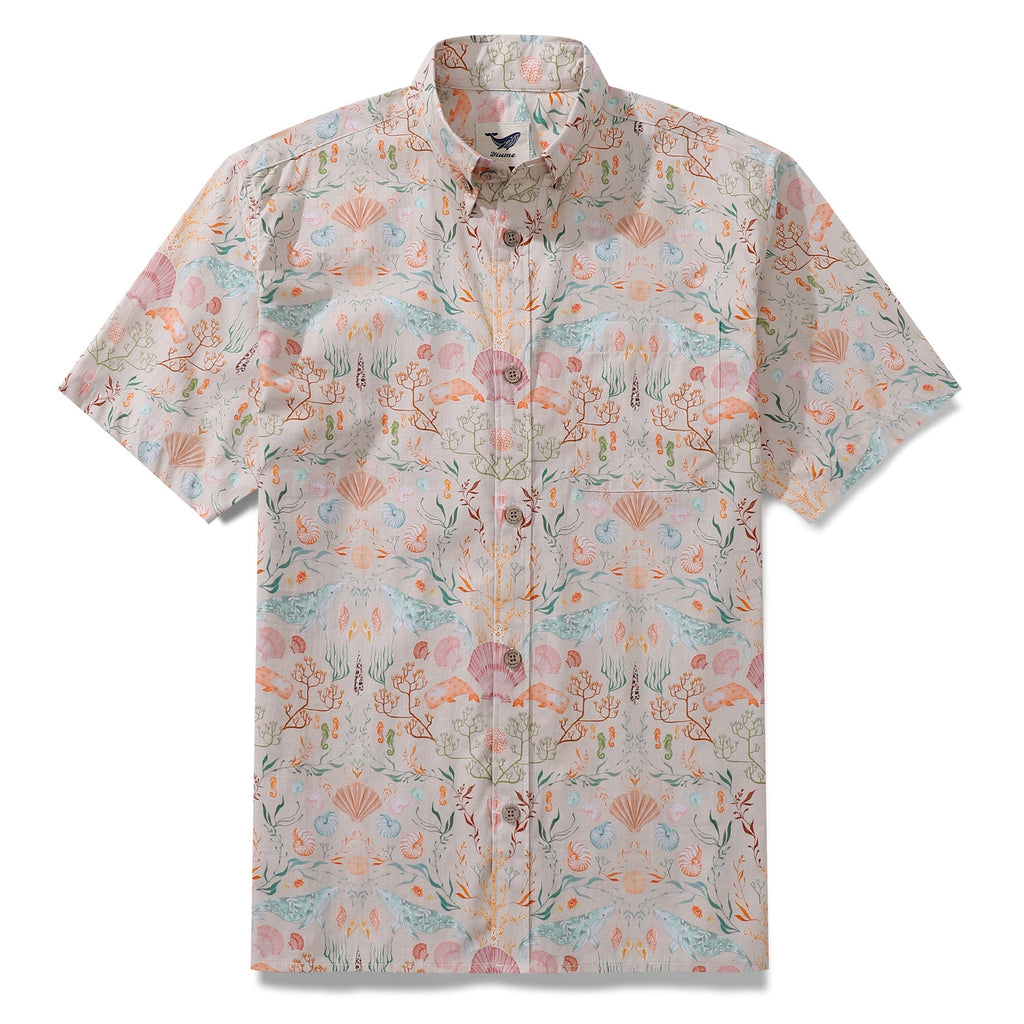 Men's beige and multi-color Ocean Dream coastal print cotton Hawaiian shirt.
