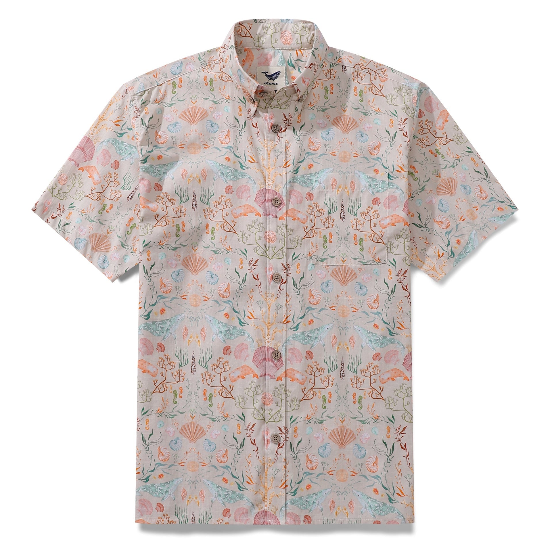 Men's beige and multi-color Ocean Dream coastal print cotton Hawaiian shirt.