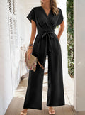 Women’s Wide-Leg V-Neck Jumpsuit with Belt - Casual Chic Solid Color