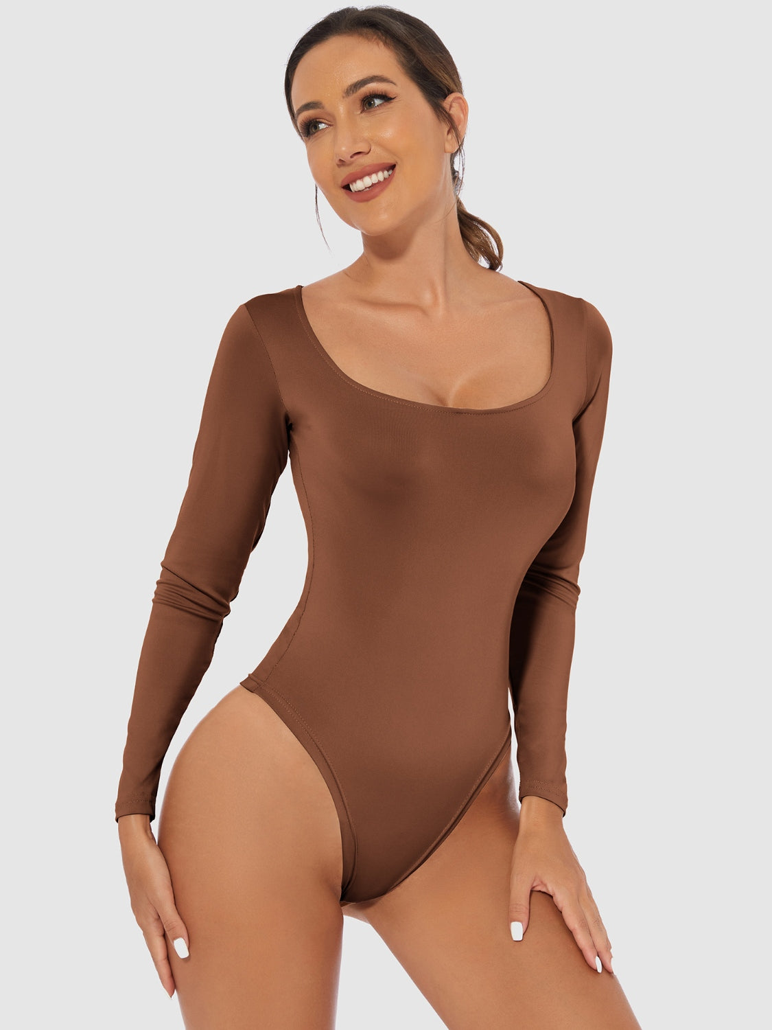 Women's White Long Sleeve Scoop Neck Basic Bodysuit - Image 7