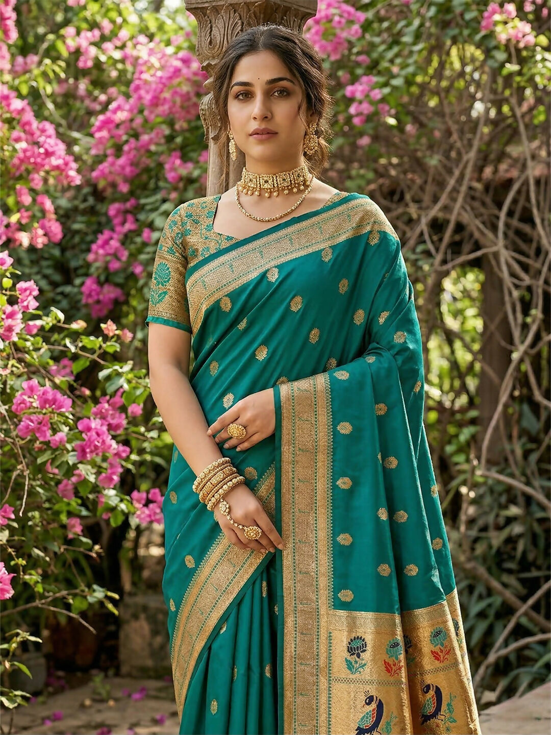 Rama Green Soft Silk Saree with Matching Blouse