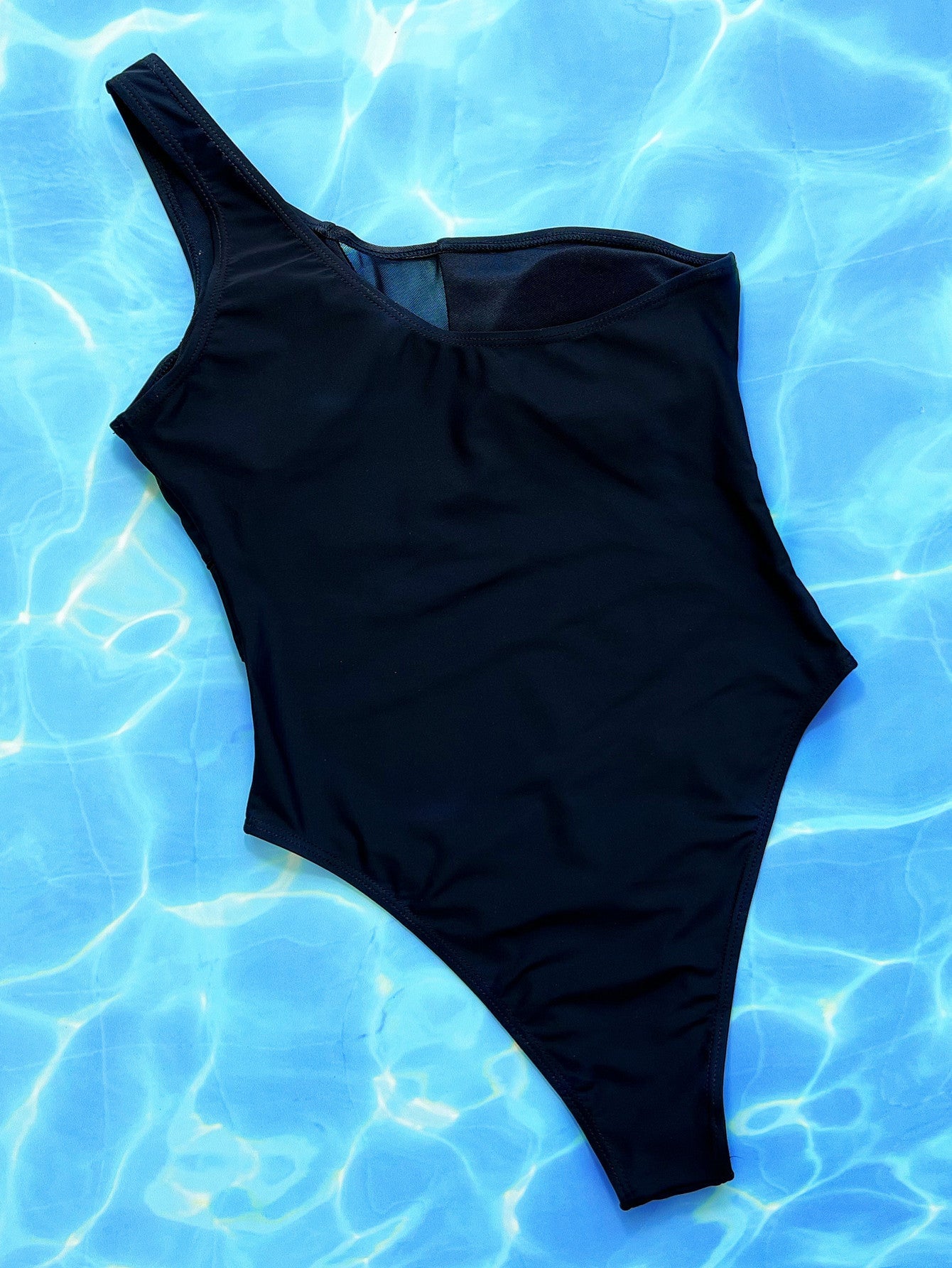 One-Shoulder Sleeveless One-Piece Swimsuit Black