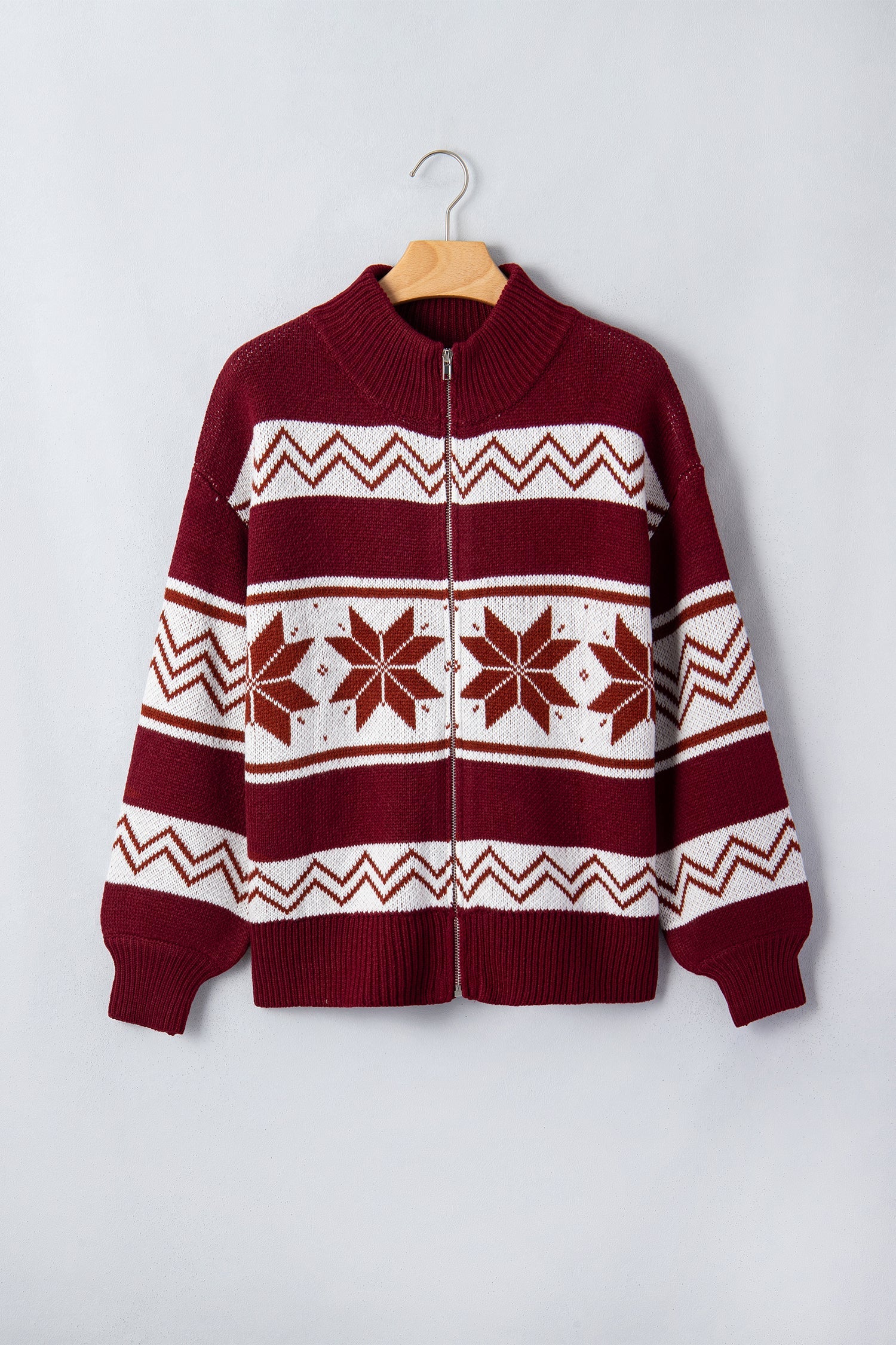 Geometric Fair Isle Knit Zip-Up Mock Neck Cardigan