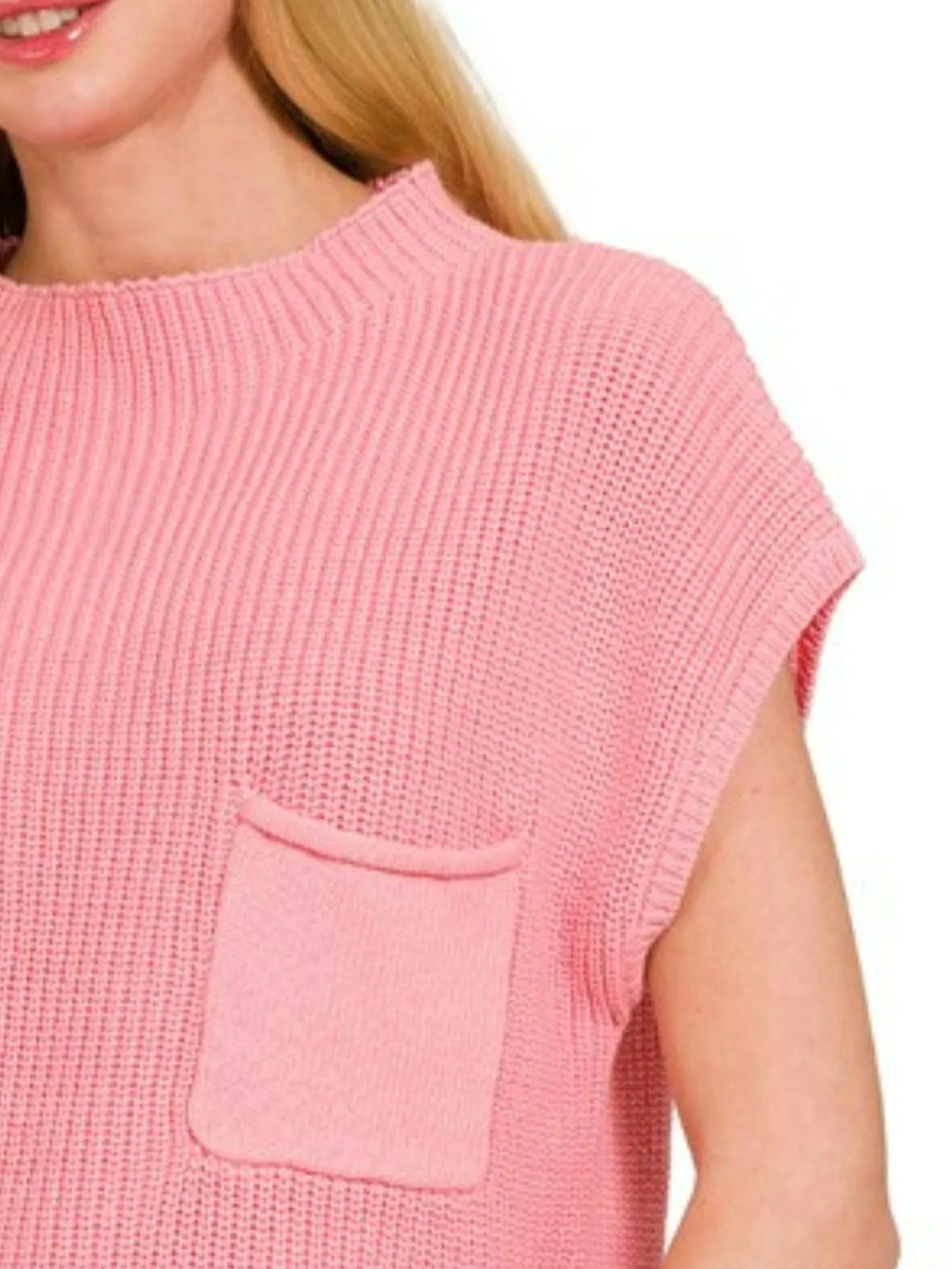 Zenana Mock Neck Short Sleeve Knit Sweater in Pink
