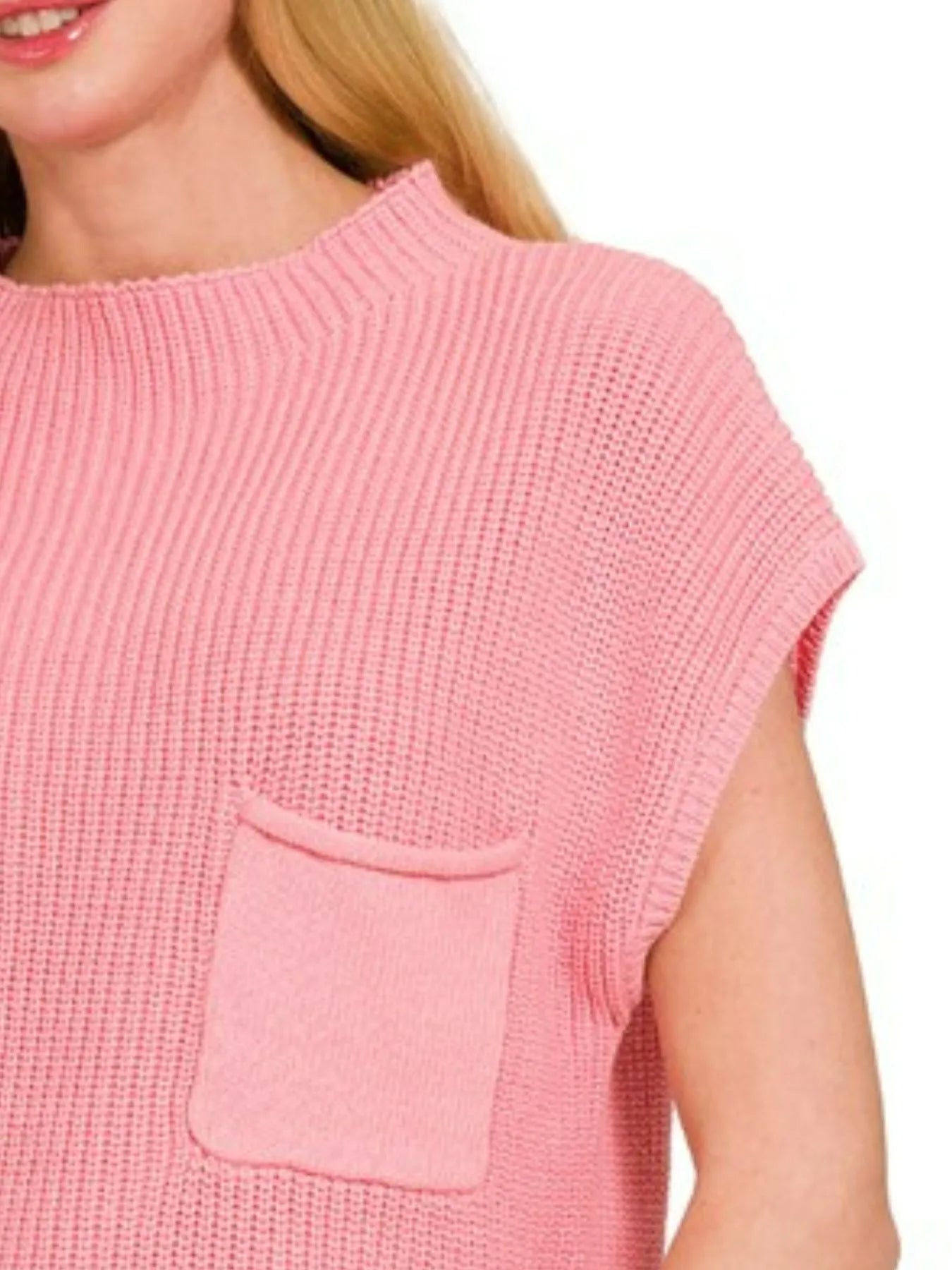 Zenana Mock Neck Short Sleeve Knit Sweater in Pink