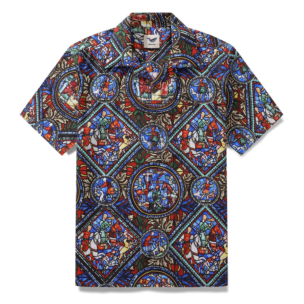 Short sleeve camp collar shirt with an intricate colorful stained glass window floral pattern.
