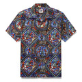 Short sleeve camp collar shirt with an intricate colorful stained glass window floral pattern.