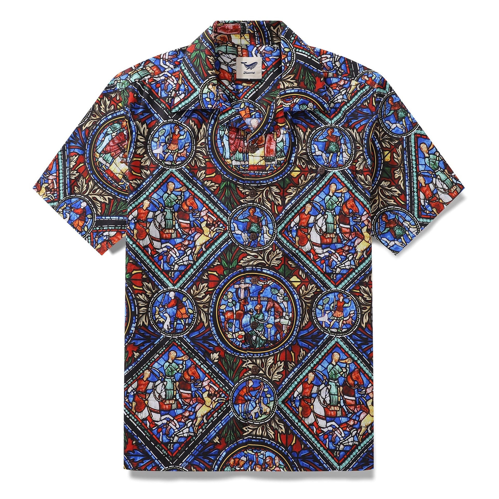 Short sleeve camp collar shirt with an intricate colorful stained glass window floral pattern.