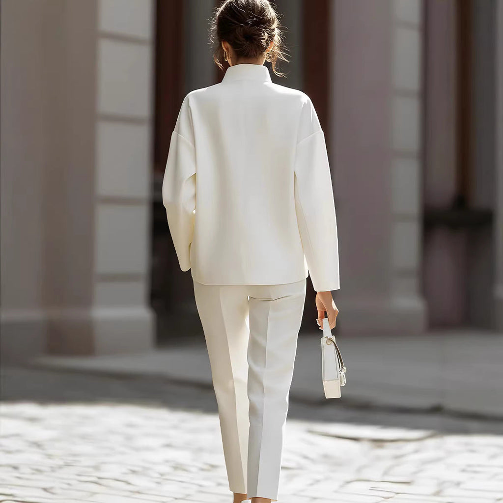 Women's White Long-Sleeve Pocket Top and Trouser Matching Set - Image 5