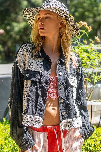 Black Button-Up Jacket with Crochet Patches and Embroidery