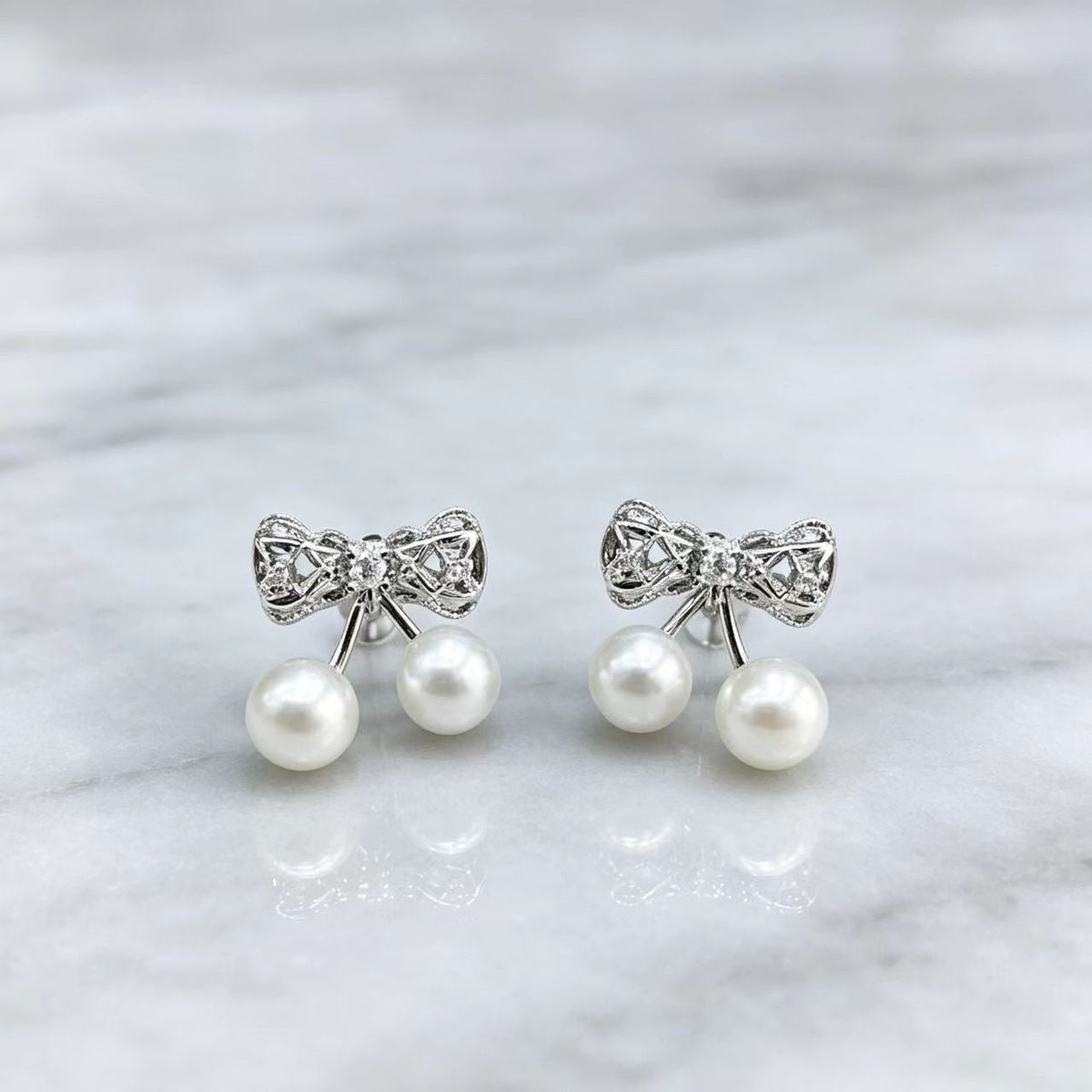 Bow-knot Diamond-studded Pearl Womens Earrings