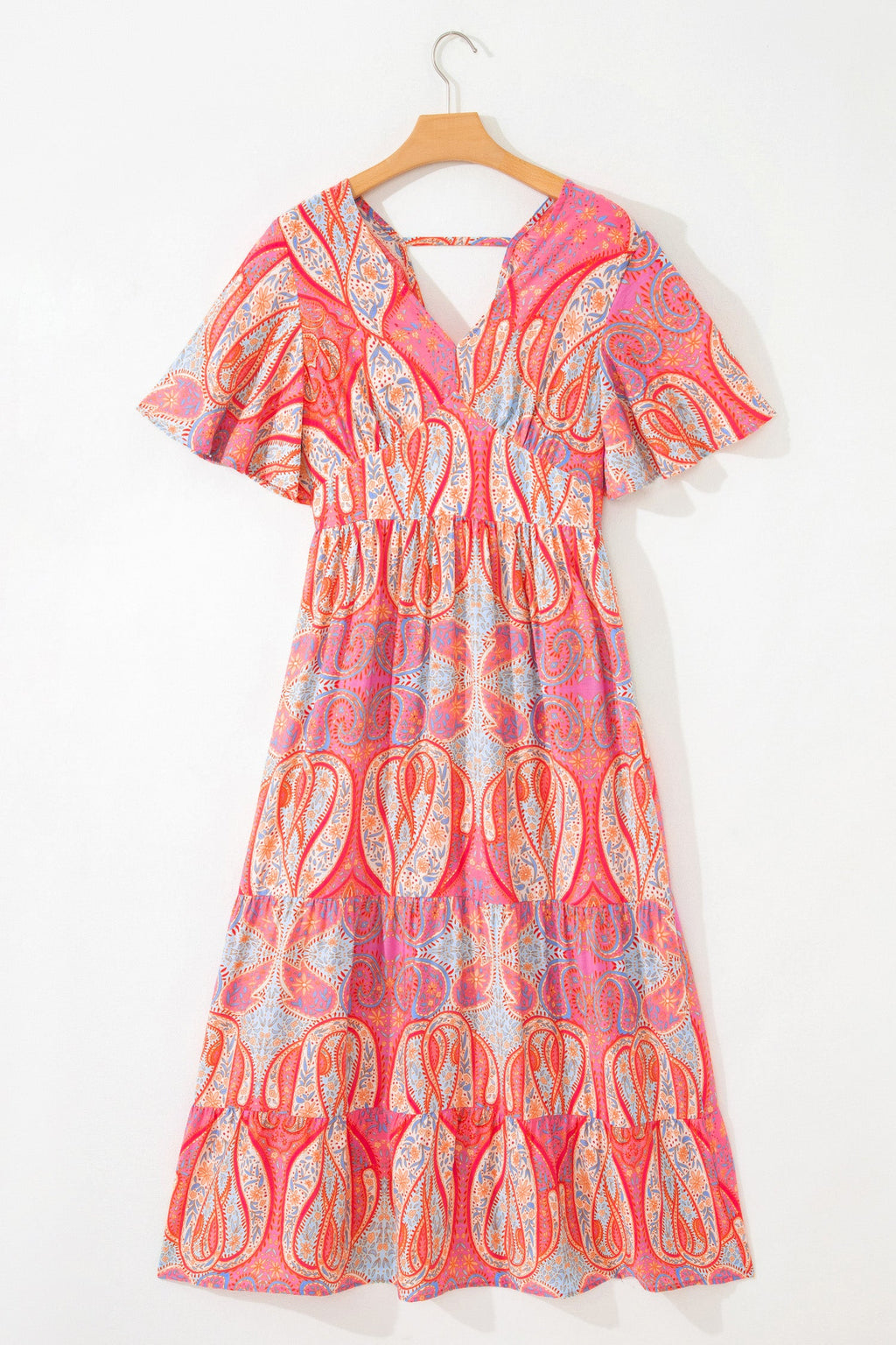 Boho Paisley V-Neck Maxi Dress with Flutter Sleeves