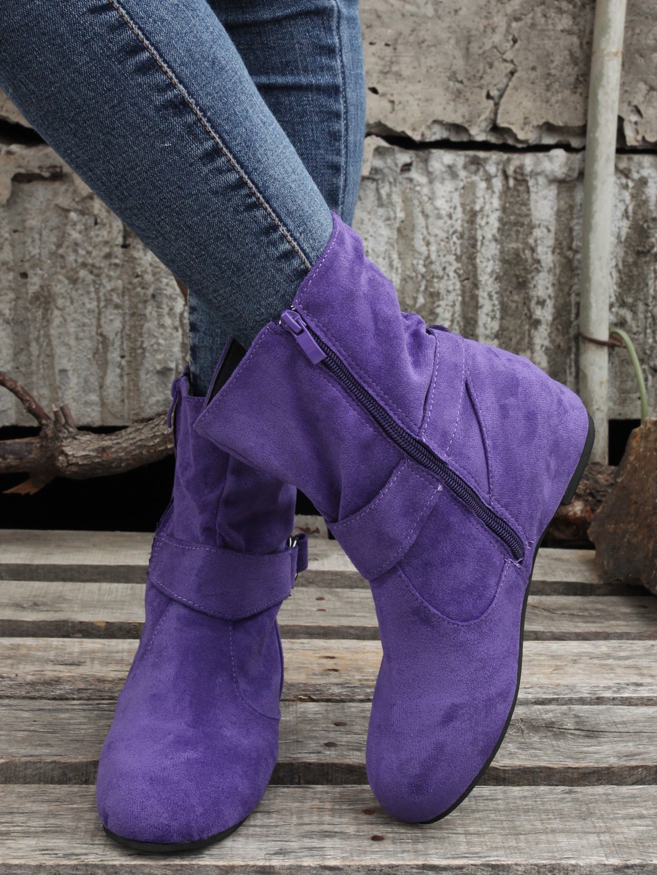 Women's Ankle Boots with Buckle Belt & Side Zip