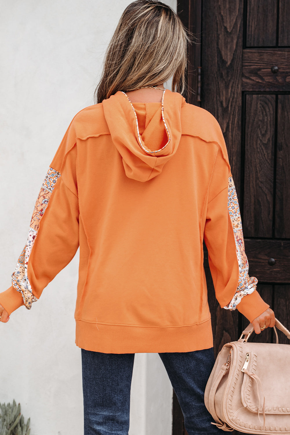 Women's Floral Patchwork Side Slit Drawstring Hoodie, Boho Knit Top