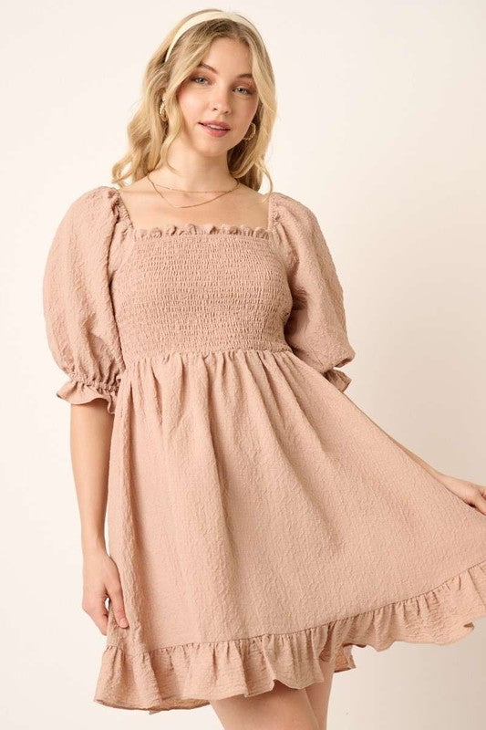 Smocked Ruffled Hem Half Sleeve Mini Dress