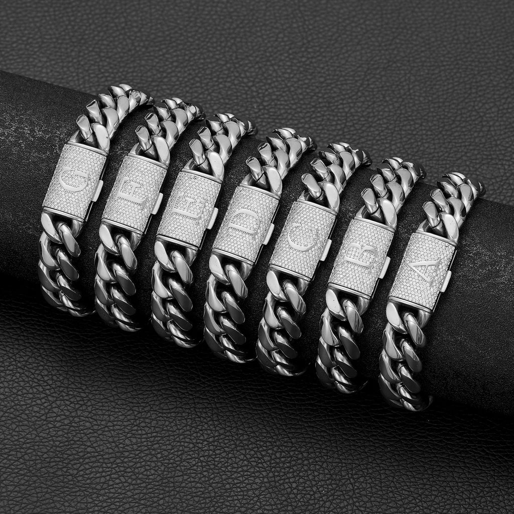 Mens Hip-Hop Lettered Snap-Clasp Encrypted Chain Cuban Link Steel-Colored Necklace