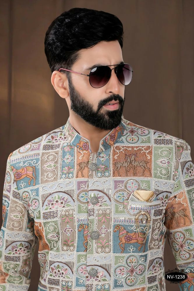 Boys' Festive Georgette Embroidered Kurta and Pyjama Set - Blue