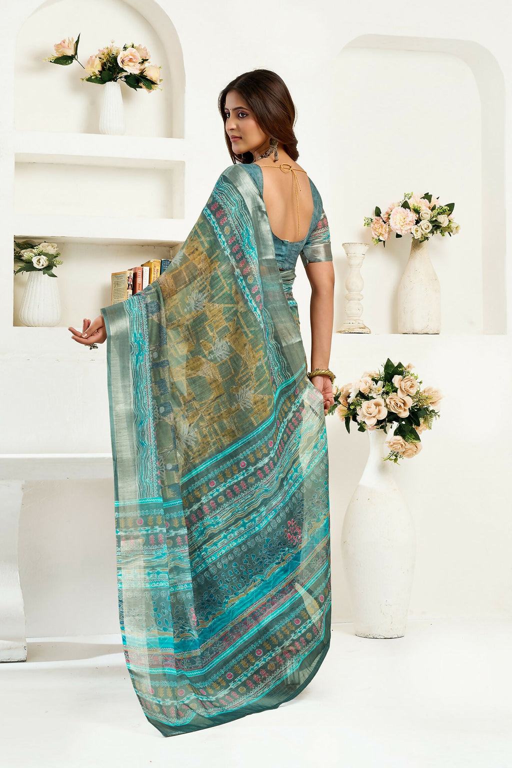 Petrol Linen Ready to Wear Saree with Ethnic Motifs and Blouse