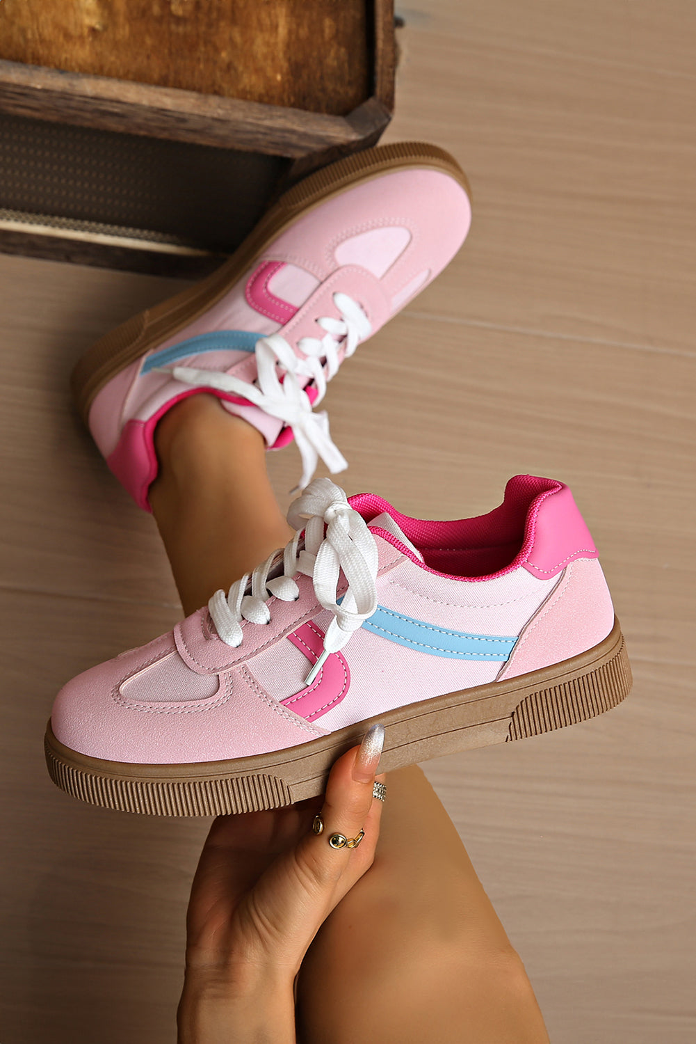 Pink Striped Patchwork Lace Up Sneakers | PU Leather