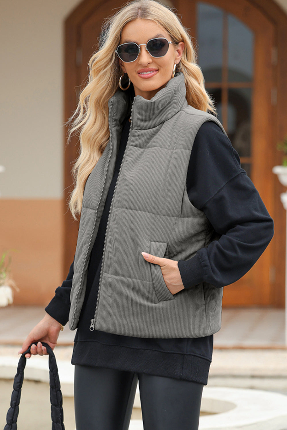 Pocketed Zip Up Turtleneck Vest Coat | Polyester