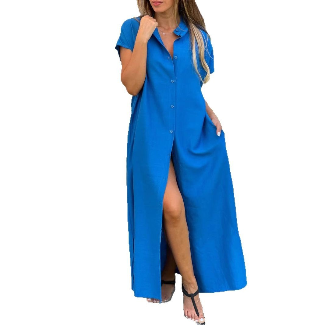 Cotton and Linen Casual Short-Sleeved Cardigan Button Dress