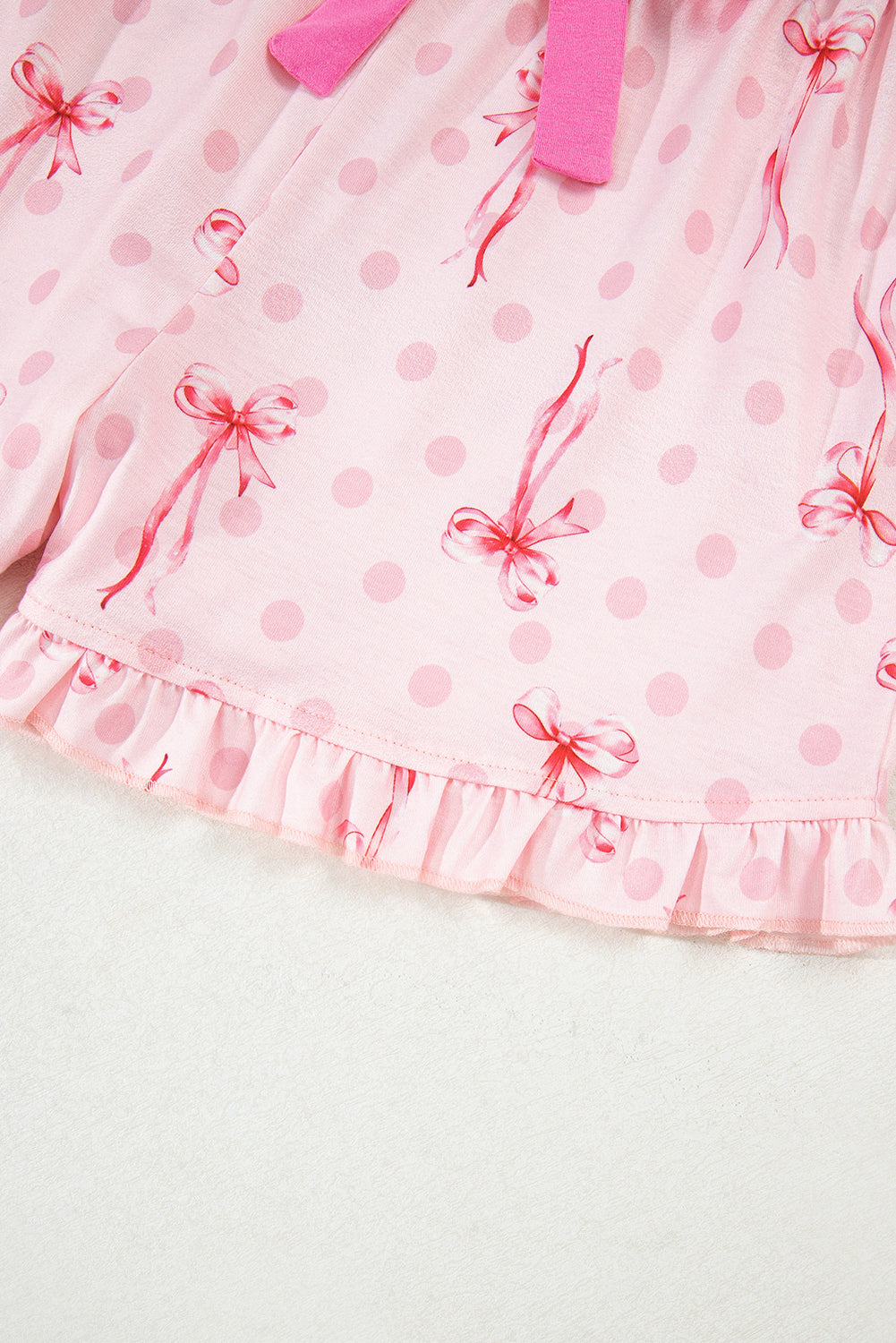 Pink Bow Print Contrast Piping Short Pajamas Set