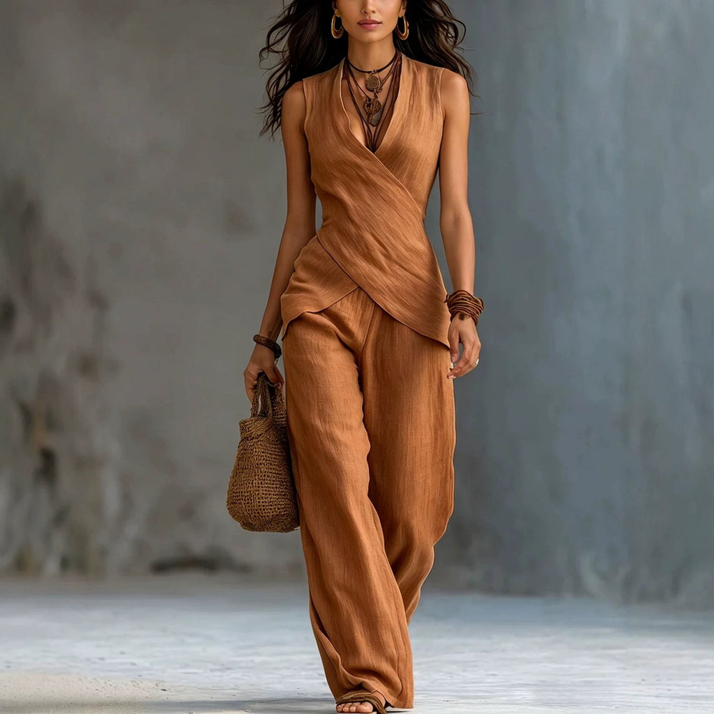Women's Linen V-Neck Crossover Tank & Casual Trousers Set