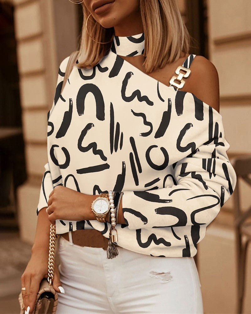 Women's Color-Block Cold-Shoulder Zip-Front Blouse