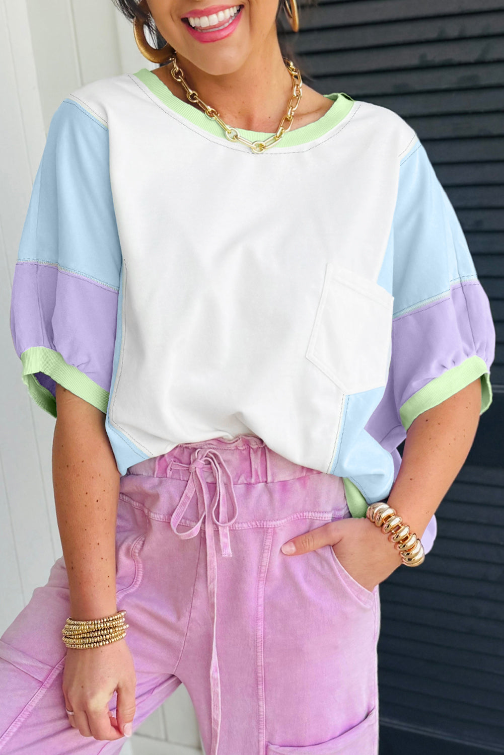 White Color Block Patchwork Half Sleeve Oversized T-Shirt