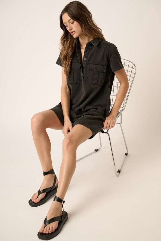 Washed Black Collared Short Sleeve Denim Shirt Dress