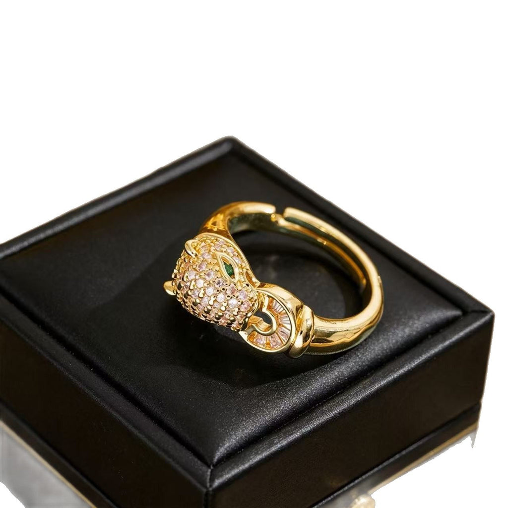 Micro Pave Zircon Leopard Ring For Women, Light Luxury Niche High Sense Fashion Versatile Stackable Retro Adjustable Ring