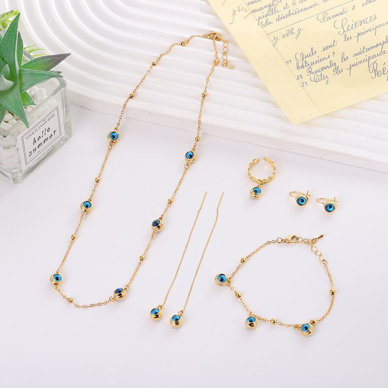 Gold-Tone Blue Evil Eye 5-Piece Necklace Bracelet Earring Set